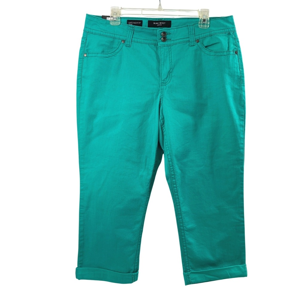 Nine‎ West Capri Jeans Women Size 14 Date Night Fit Teal Embroidered Bling Pants